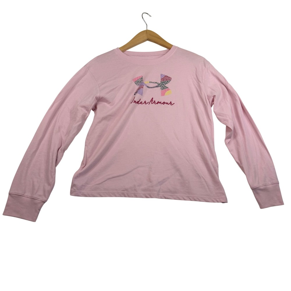 Under Armour Girls Pink Long Sleeve Graphic Logo T-Shirt Size YL UOFIA00S-685